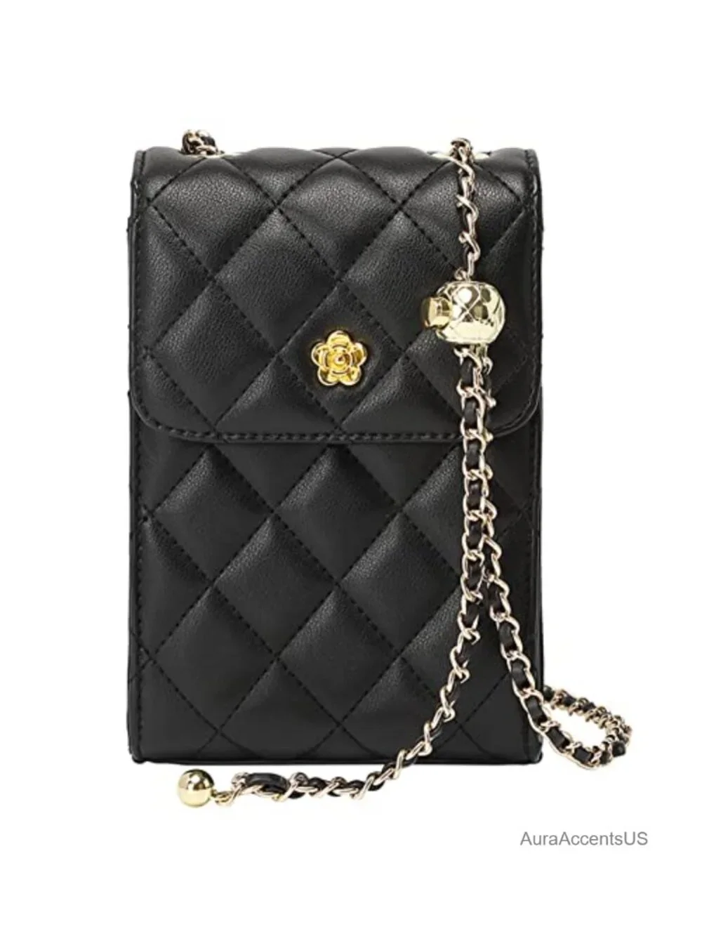 Genuine Leather Quilted Square Flap Satchel Crossbody Bag Gold Chain Strap
